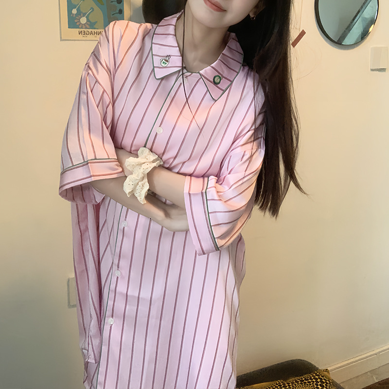 【芝士莓莓】衬衫裙紫色条纹娃娃领刺绣家居服宽松大码薄