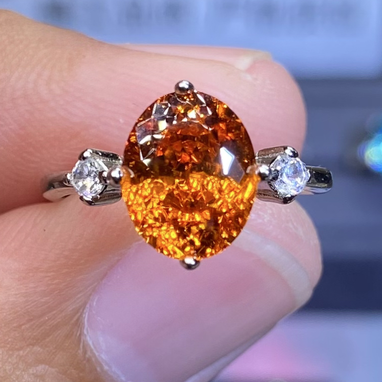 925银高精切落日芬达色碧玺开口女戒