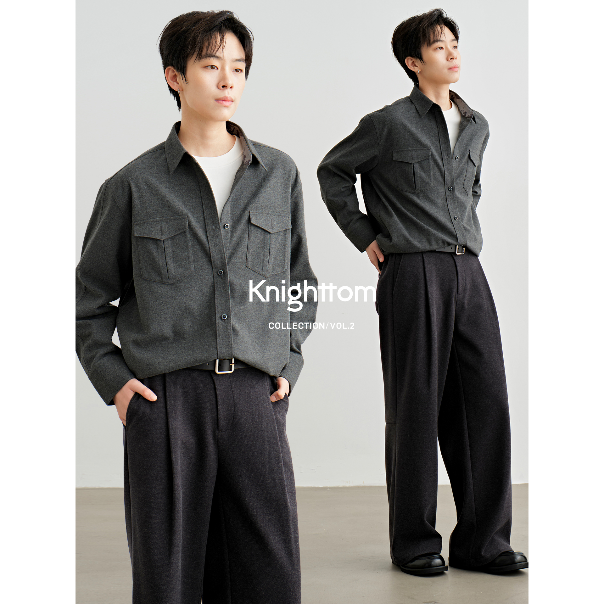 knighttom【仿羊绒拼接磨毛衬衫】灰色百搭保暖长袖衬衣X253S247A