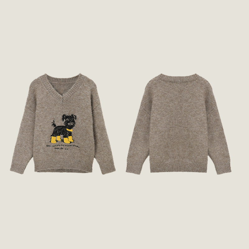 秋冬新款燕麦驼针织衫小狗刺绣羊驼毛宽松上衣韩版时尚打底毛衣女