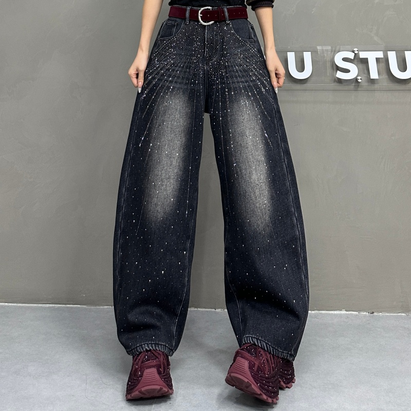 【亿火】冬季新款烫钻直筒阔腿加绒加厚复古水洗牛仔裤G105-10890