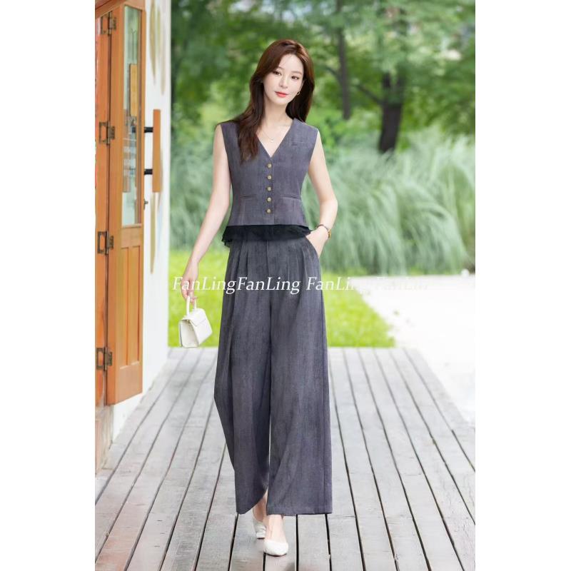 【T1380】秋新款时尚轻熟高级感气质显瘦马甲阔腿裤两件套