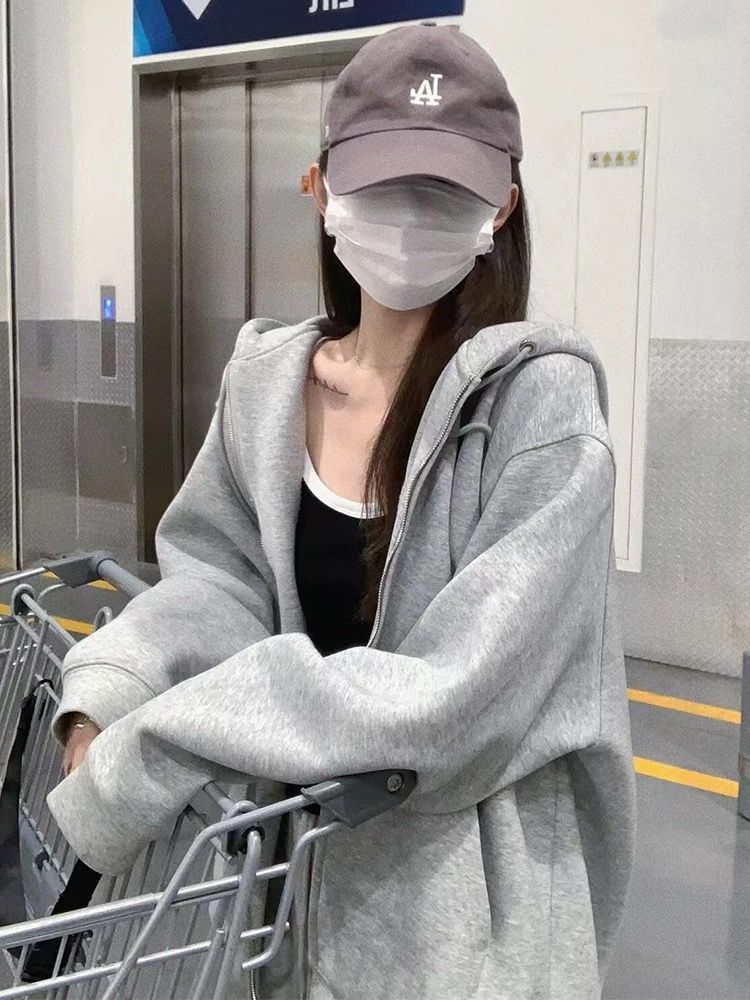 休闲宽松卫衣女春秋冬季慵懒风设计开衫上衣连帽拉链外套