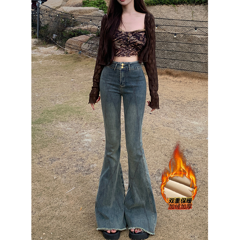 线条毛边加绒微喇牛仔裤女2025年冬季新款高腰修身鱼尾喇叭长裤