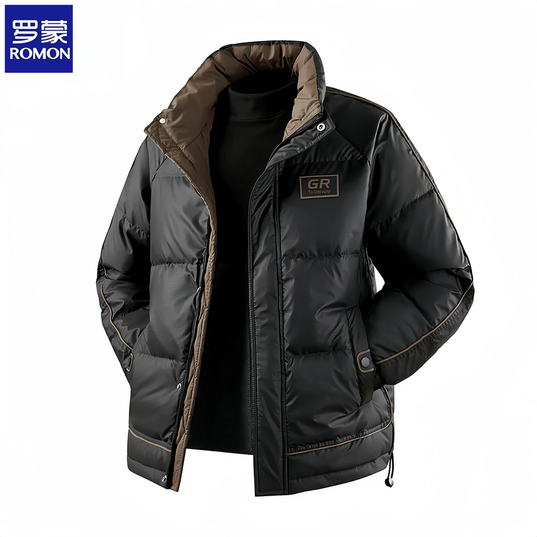 Romon/罗蒙男士冬季新款韩版拼色时尚休闲抗寒服夹克保暖羽服外套