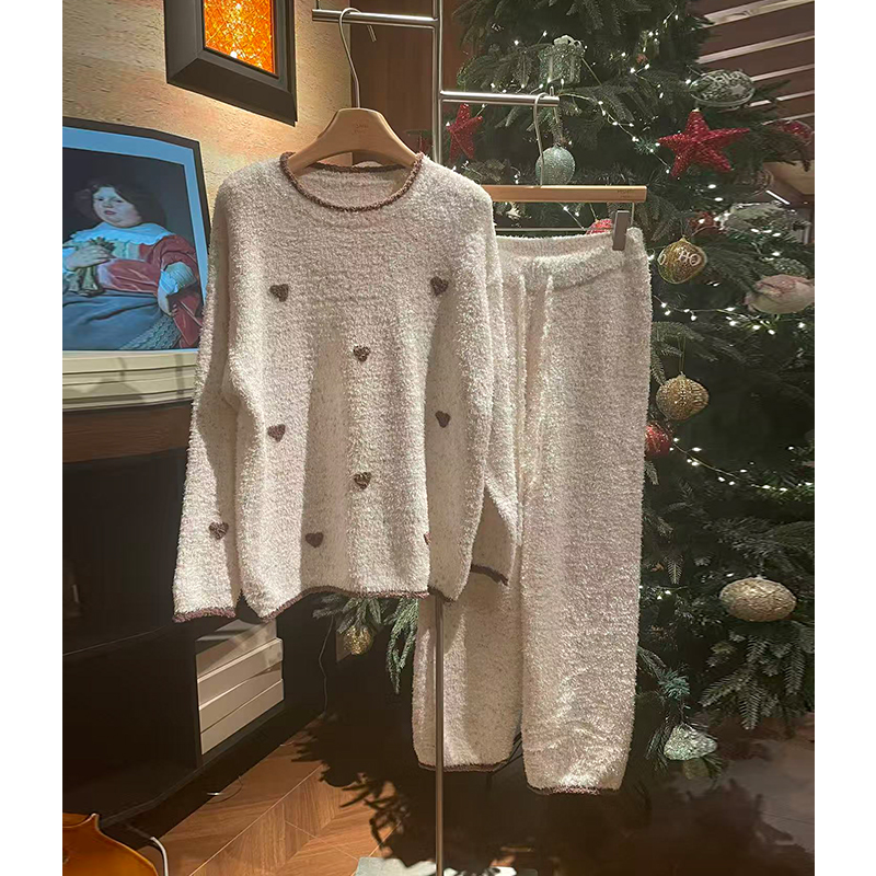 米诗缇【彩点满身爱心圆领咖色】小众设计可外穿长袖长裤睡衣家居服