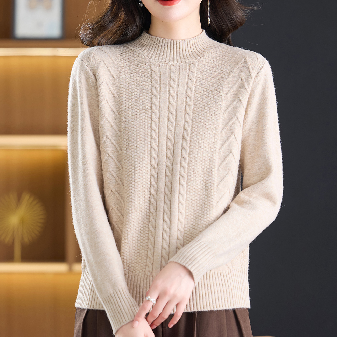 【羊毛衫】冬季新款宽松提花针织衫长袖保暖厚毛衣半高领百搭打底衫