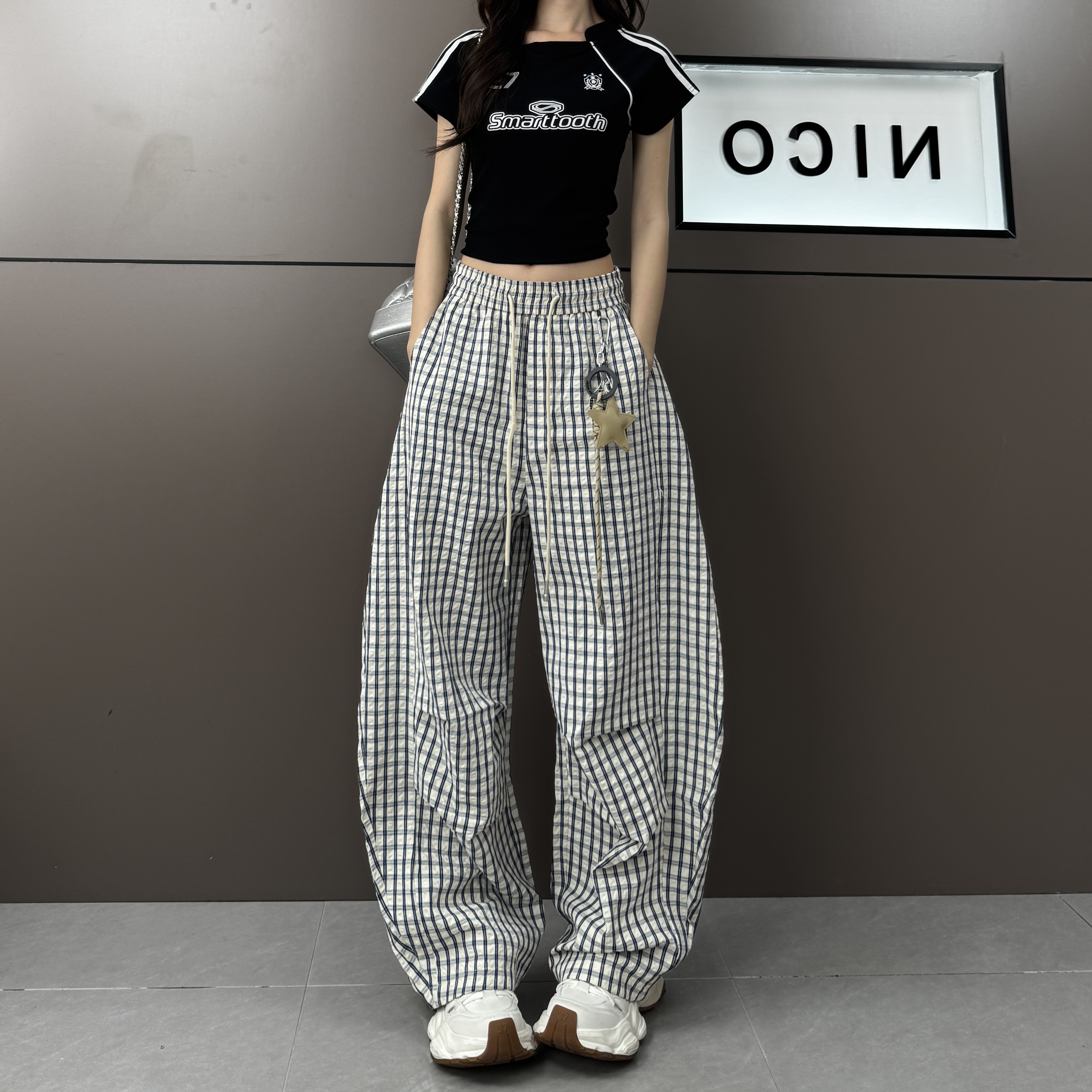 星星挂饰格子弯刀休闲裤夏季垂感阔腿宽松慵懒范十足拖地裤
