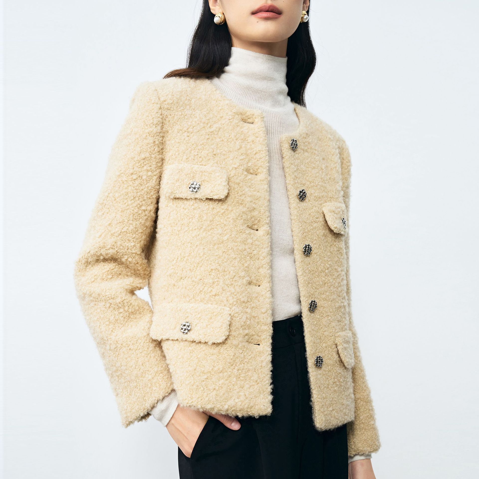 24秋新小香风羊毛圈圈呢外套女小众高级感羊毛混纺短大衣15352