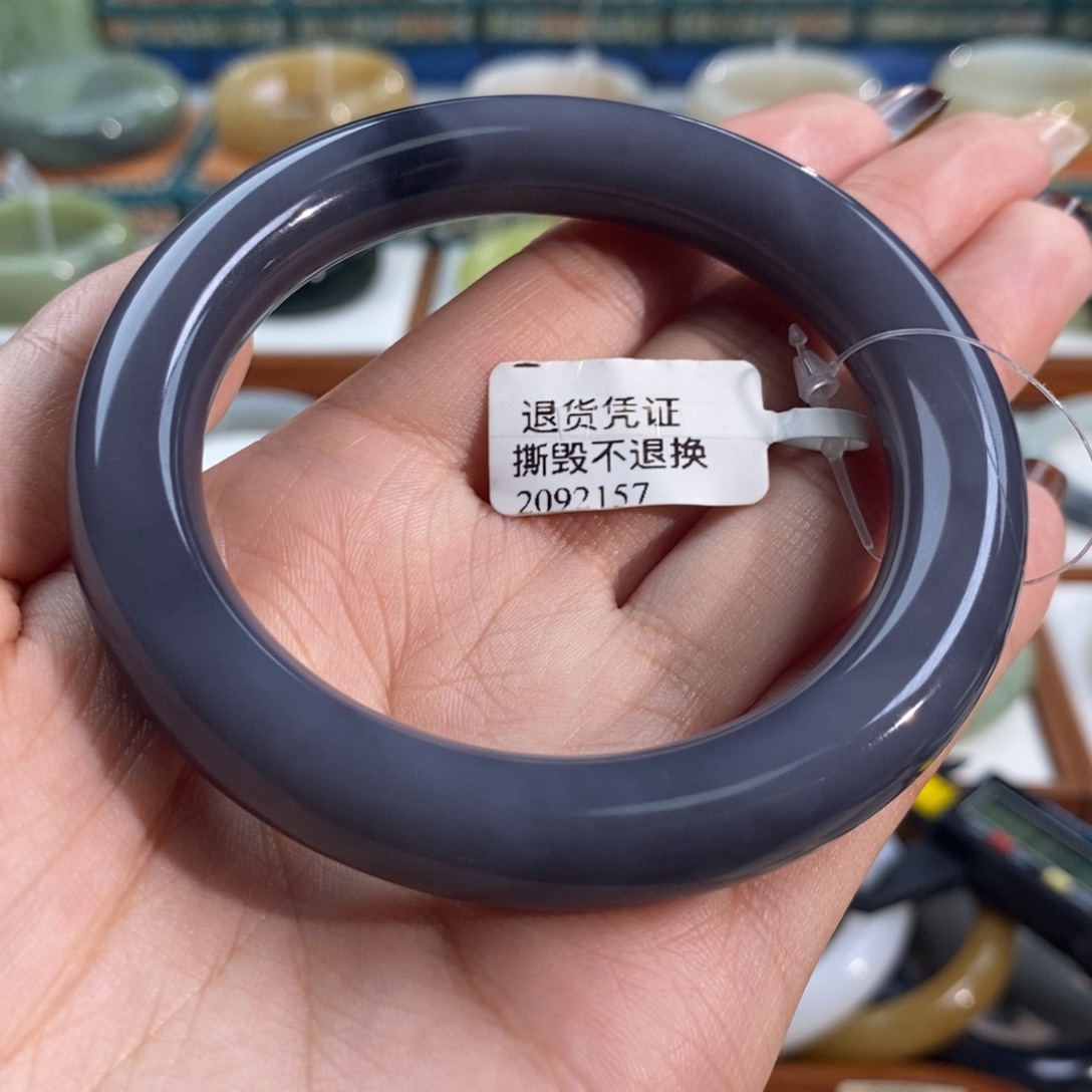 和田玉未镶嵌手镯青海浓色烟紫圆条59/60