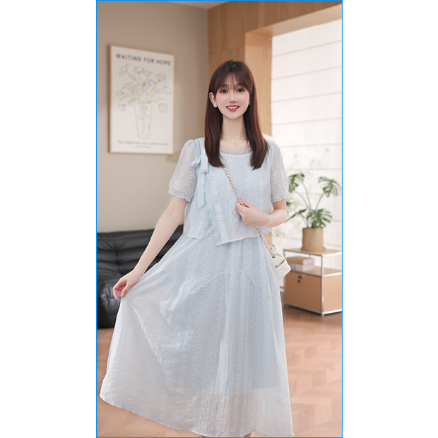 L5359【珂珂】短袖裙时尚连衣裙气质高腰夏优雅中长裙显瘦法式收腰