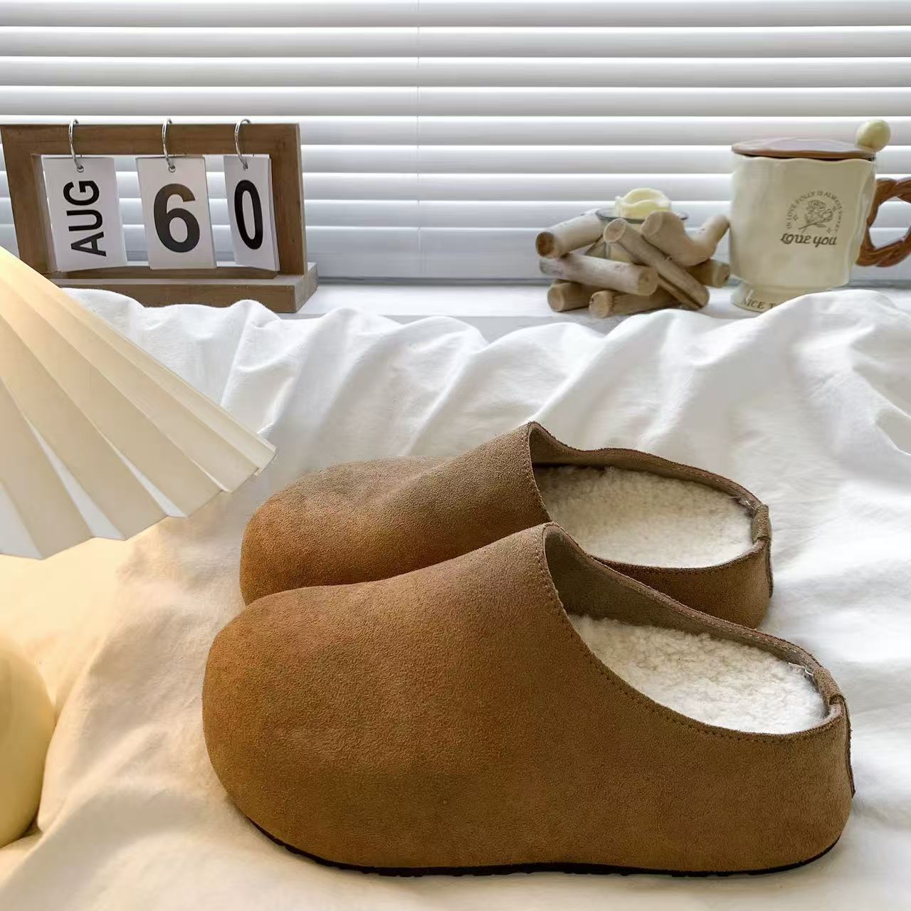 W1366厚底勃肯毛毛棉拖鞋女外穿新款秋冬包头半拖