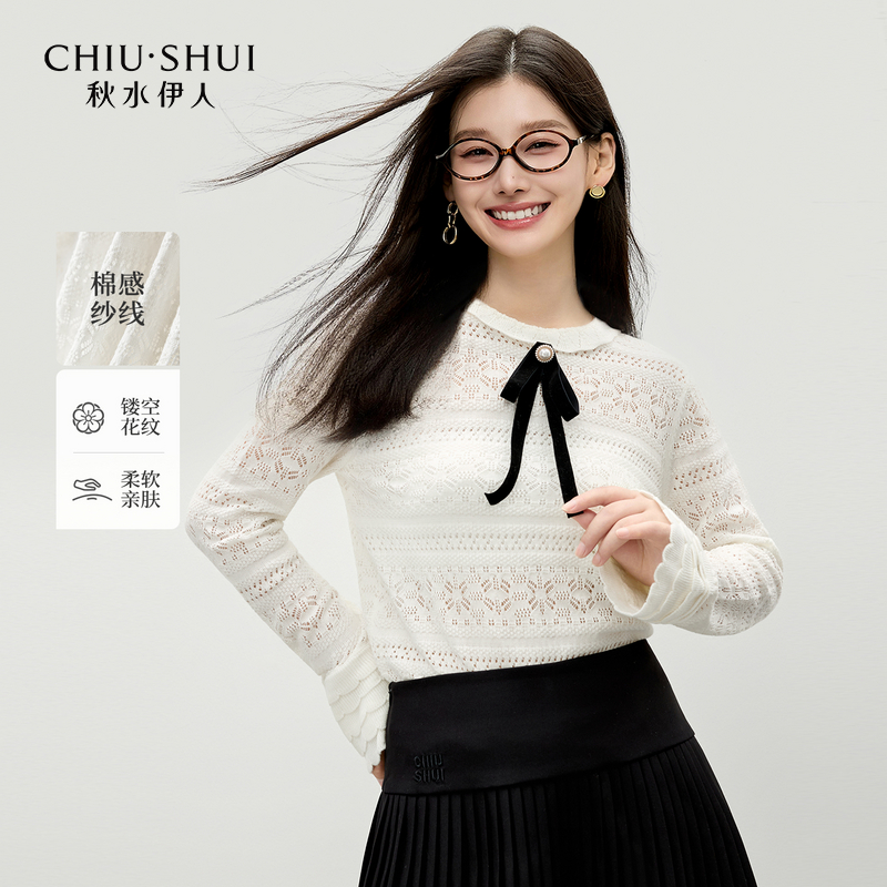 【丽公主】秋水伊人镂空上衣秋季木耳圆领毛针织衫625383M344201
