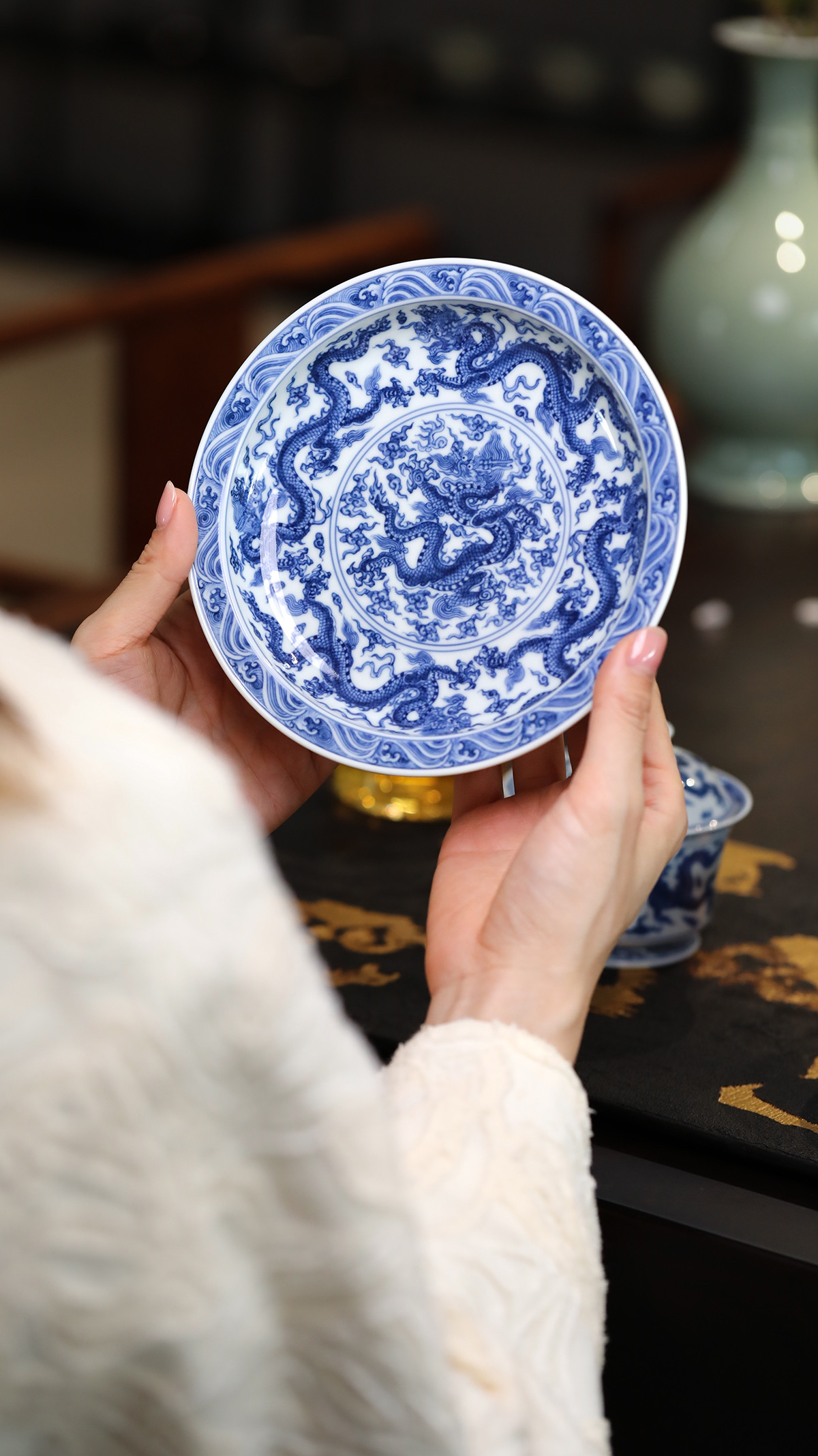 【弥生茶器】望月怀古青花五龙壶承纯手工制作手绘景德镇茶器茶具