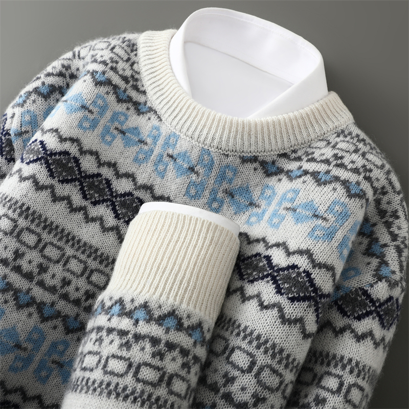 七针加厚复古提花圆领羊绒衫男士百搭提花宽松针织打底毛衣