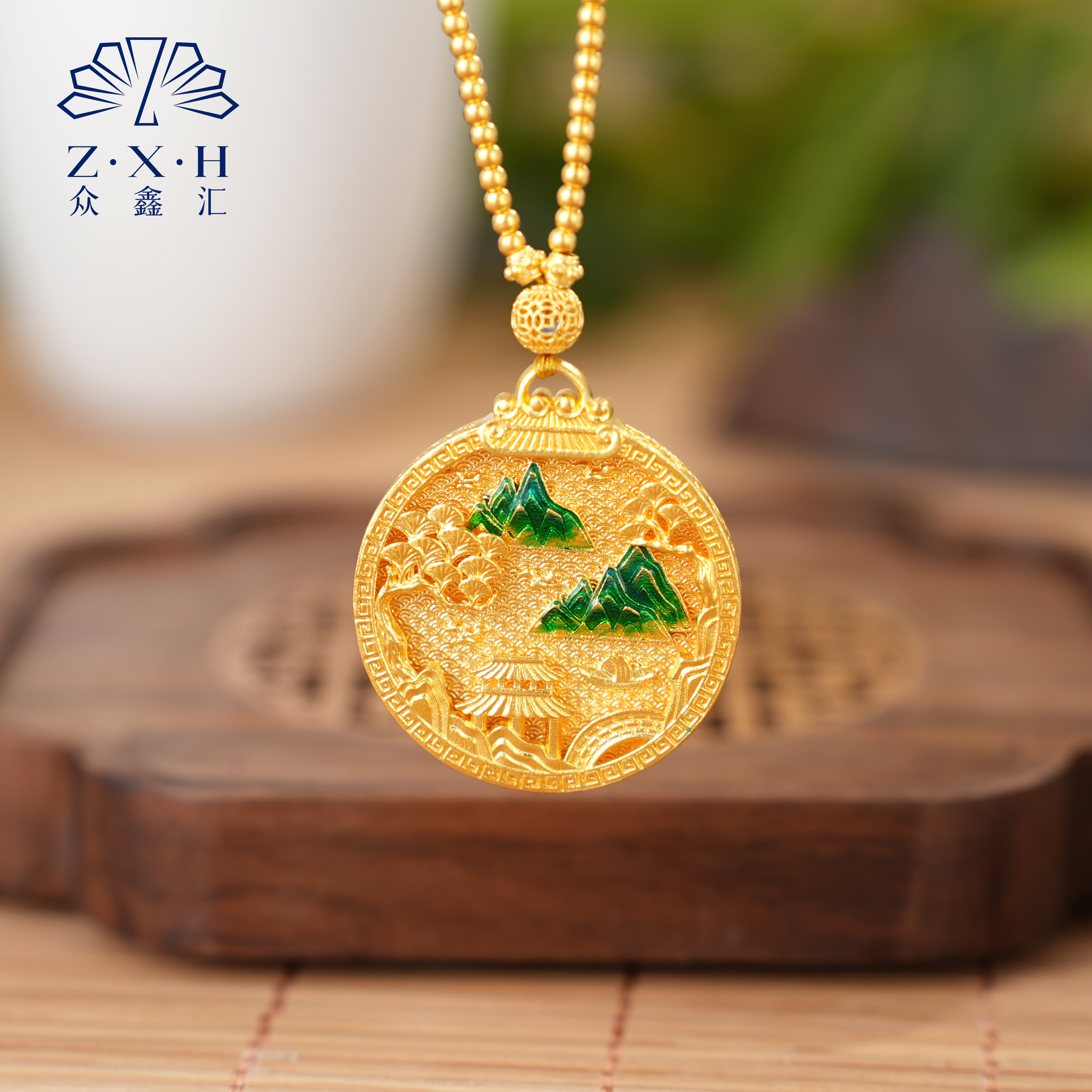 {众鑫汇}足金999 国潮珐琅彩千里江山套链42.11克 链长66