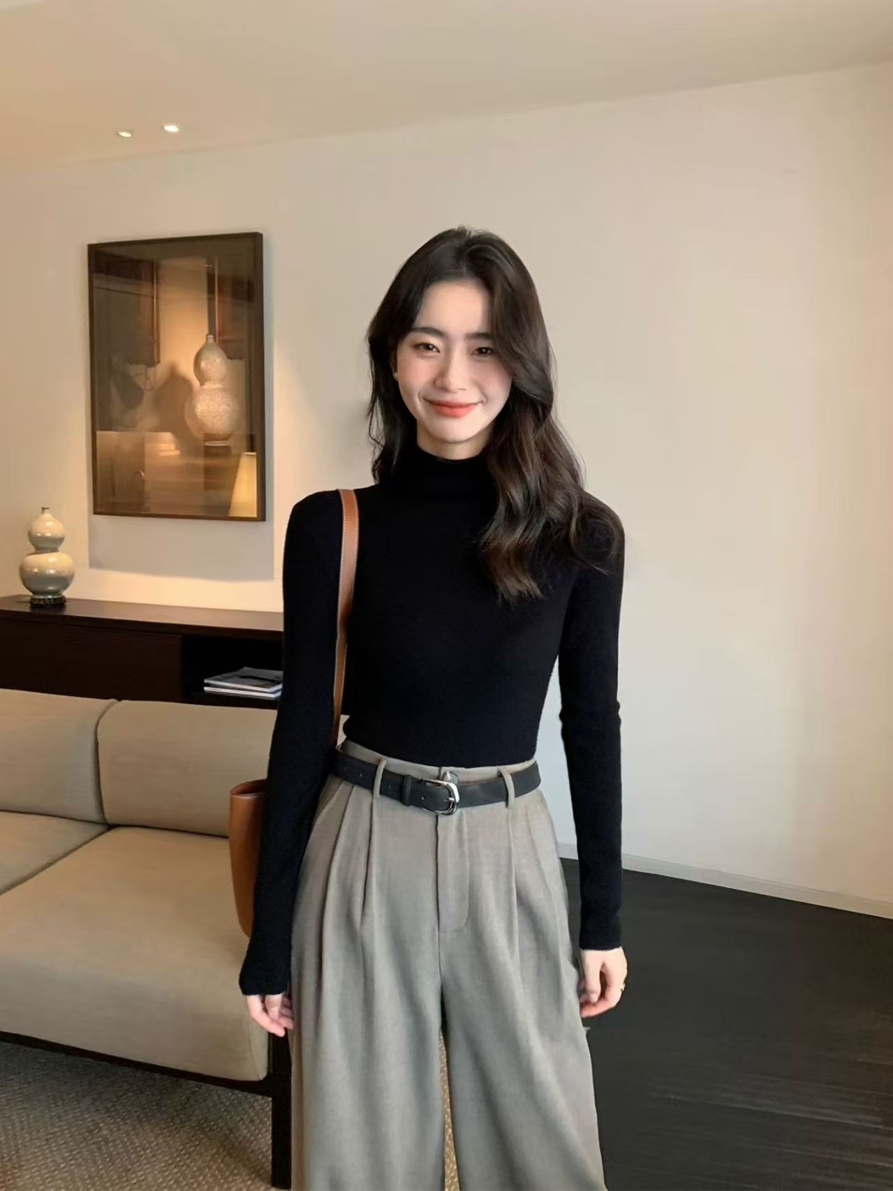 修身型半高领长袖针织纯色毛针织衫百搭高领毛衫