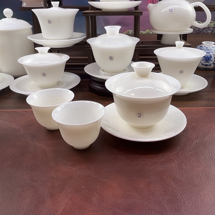 家用纯白羊脂玉瓷140ml元宝盖碗+2客杯
