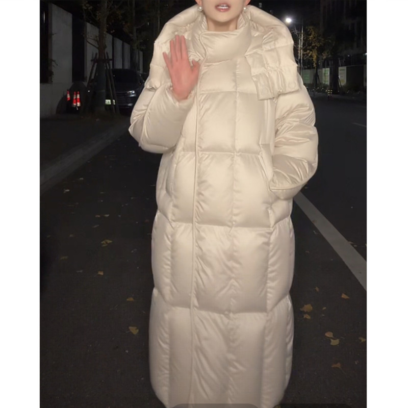 长款过膝400克鹅绒服保暖外套磁铁扣连帽面包服显瘦加厚羽绒服