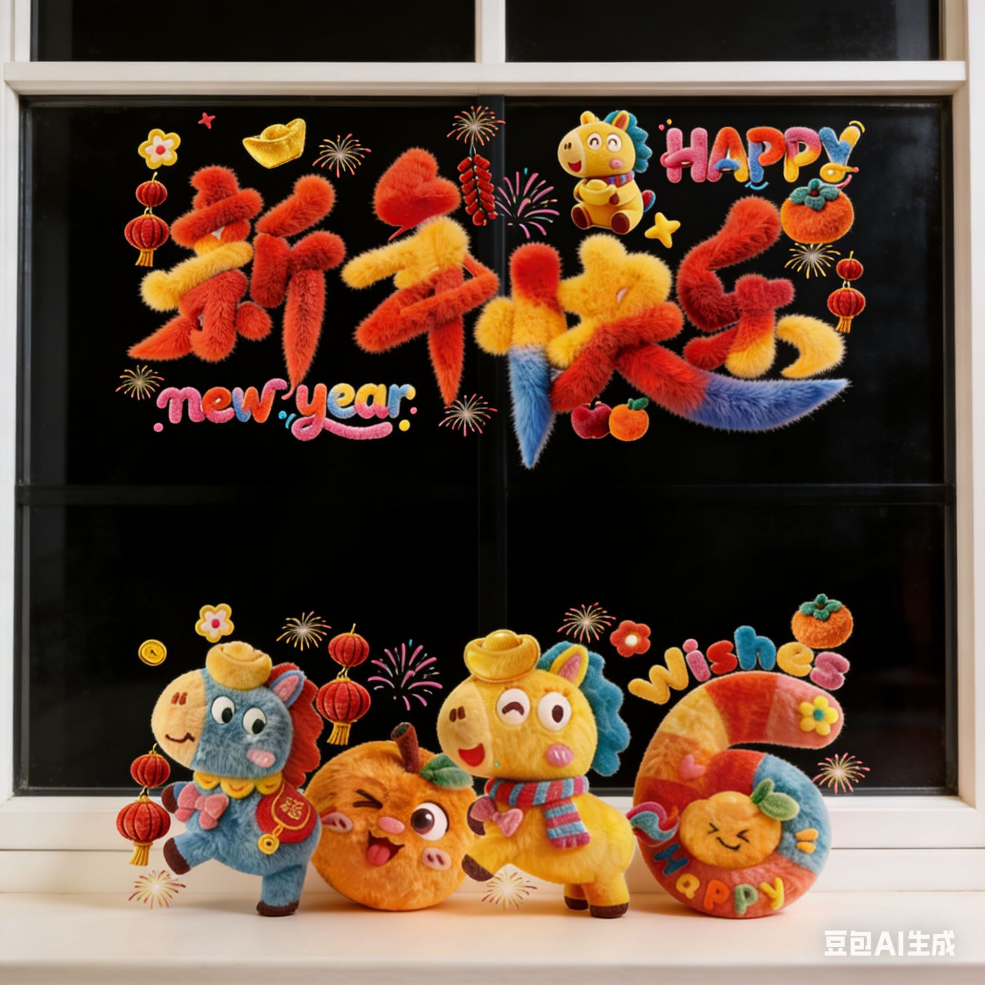 2026新年快乐玻璃贴窗花贴纸元旦装饰贴画窗花橱窗布置马年静电贴