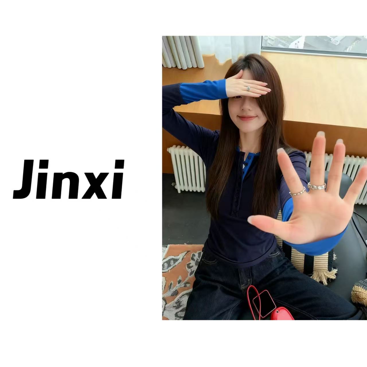 金喜家-【四粒扣亨利】韩系百搭修身四粒扣亨利拼接撞色袖T恤