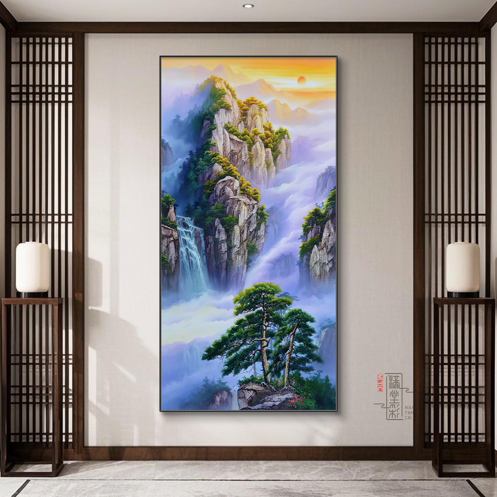 旭日东升迎客松玄关装饰画新中式高档大气走廊过道山水风景挂画