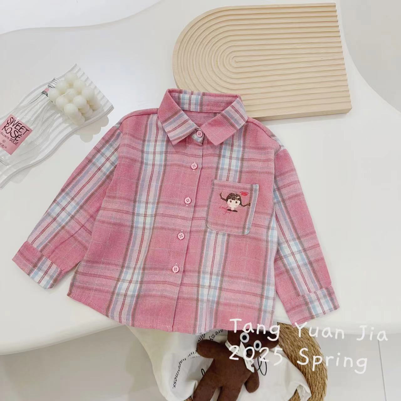 汤圆家童装2025春季新款韩系软糯甜美卡通印花格子衬衫 YA-1084