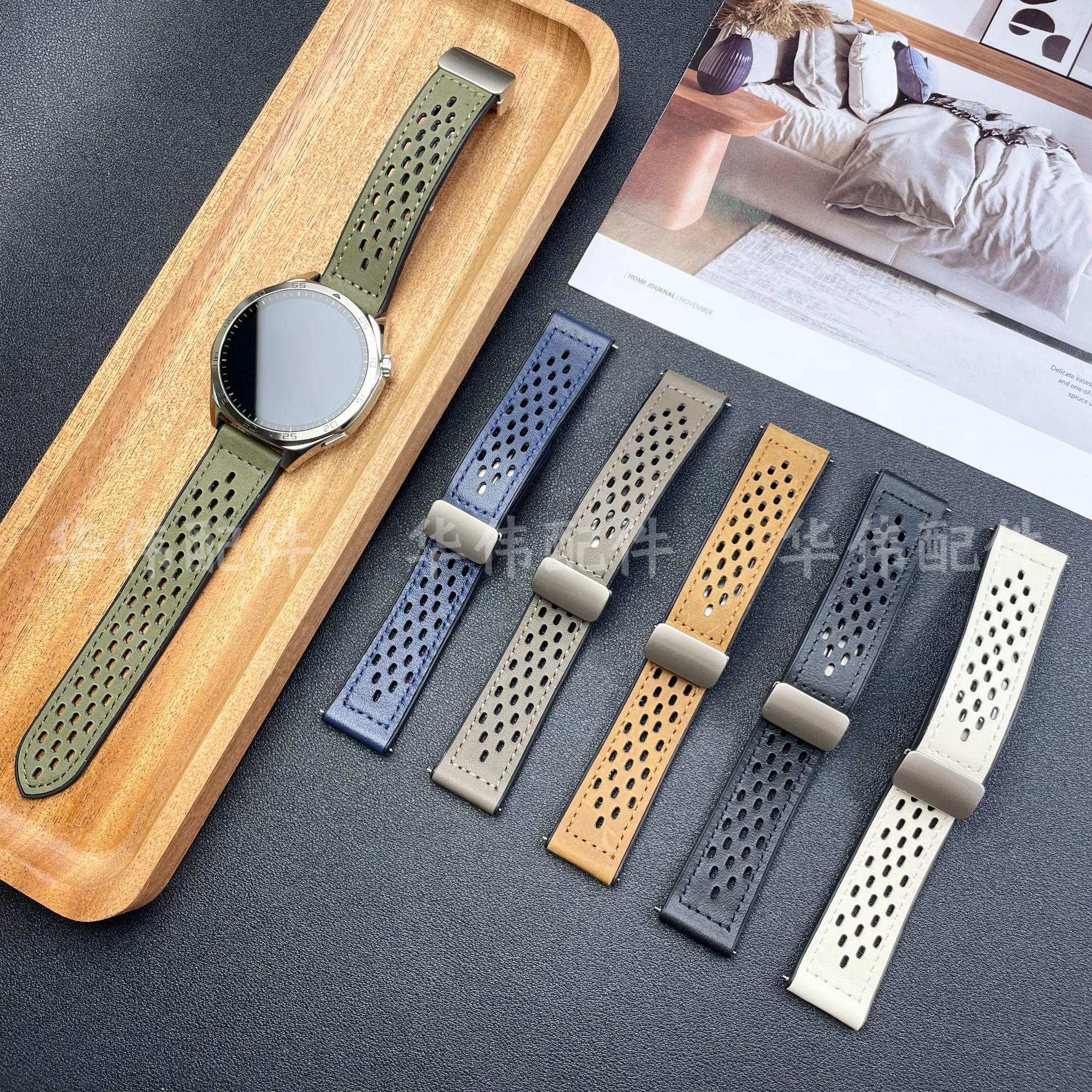 【表带】适用华为GT5表带疯马皮圆孔透气watch4夏季新款皮带3磁吸扣