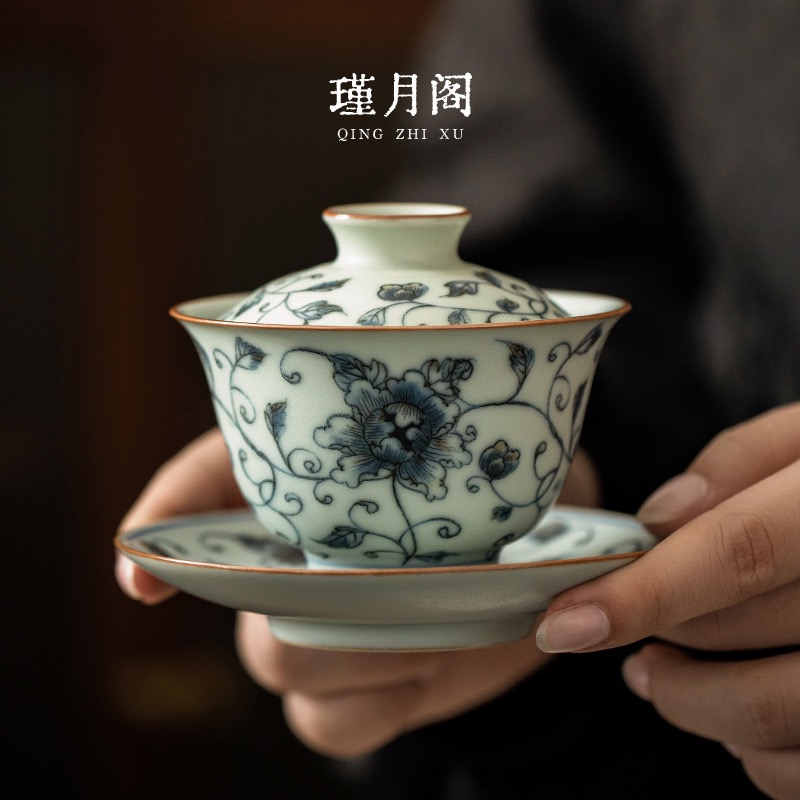 德化青花牡丹缠枝莲复古盖碗家用陶瓷泡茶防烫手高档三才盖碗茶具