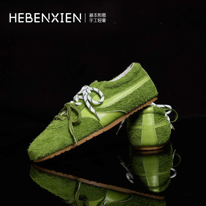 HEBENXIEN25新款ins美式复古青苹果绿德训鞋磨砂皮低跟休闲鞋圆头