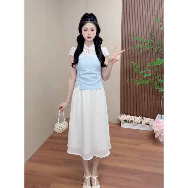 MYC 2025夏季新款新中式蕾丝拼接盘扣短袖上衣半身裙气质两件套