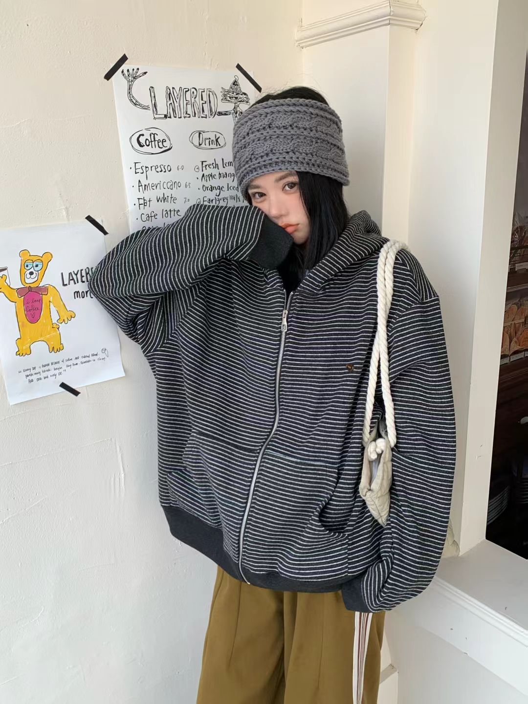 娜娜【心动的斑马】韩系秋季潮流百搭休闲连帽开衫KGG-25759