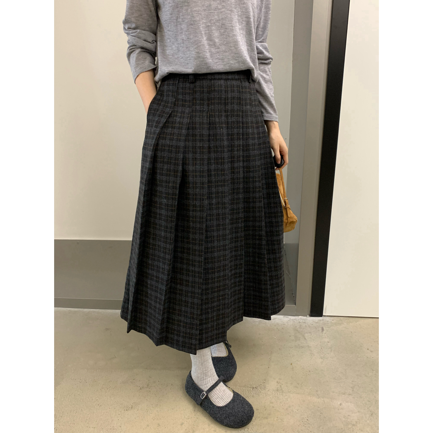 苏格兰少女半裙羊毛混纺深色格子a字百褶半身裙