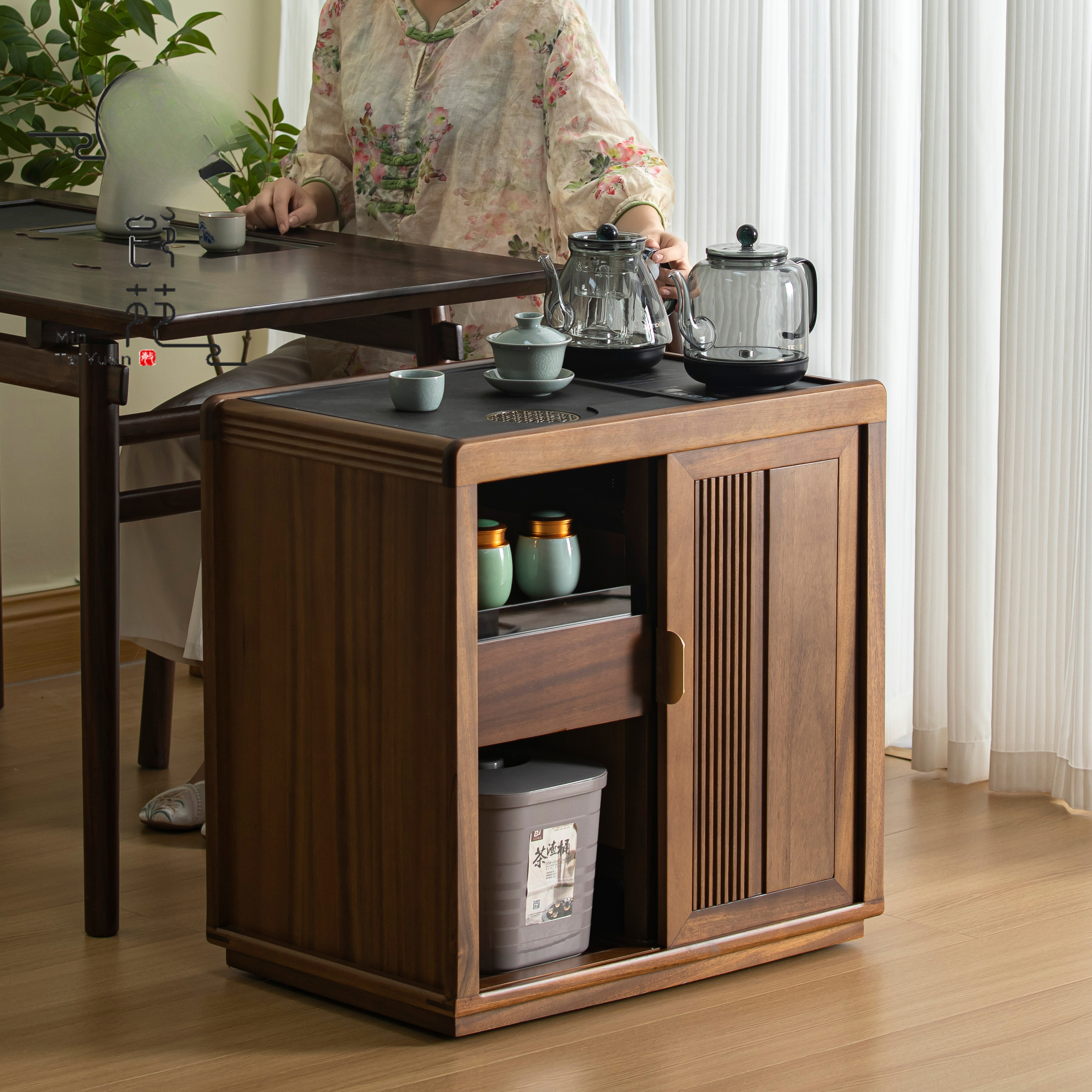 欧丽瑞胡桃木茶水柜可移动烧水茶台实木茶桌侧柜边几茶高颜值边柜