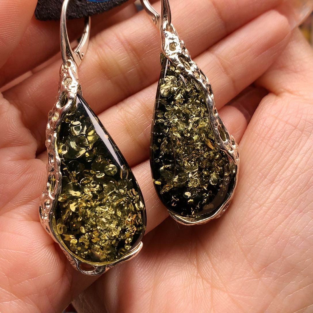 绿珀耳饰银S925镶嵌耳坠