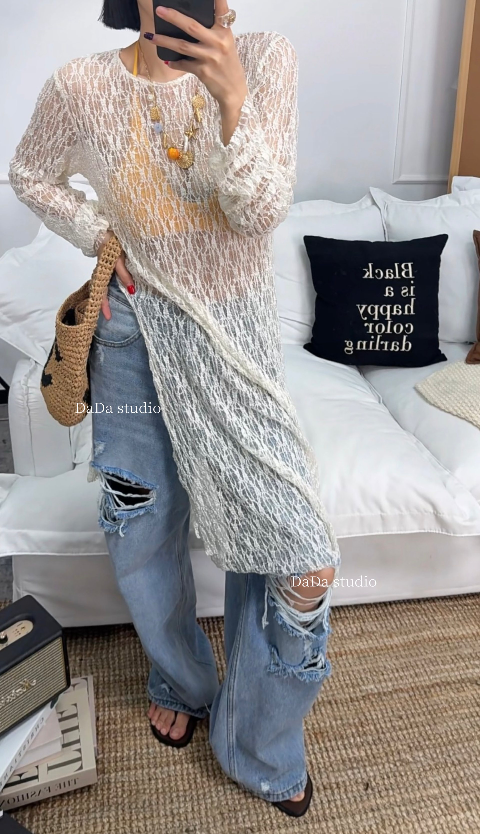 No退No换DaDa原创秋冬分层搭配镂空蕾丝长袖连衣裙 9226