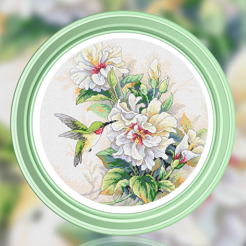 春天十字绣小件满绣圆形蜂鸟与花卉手工自己绣餐厅餐厅新款线绣画