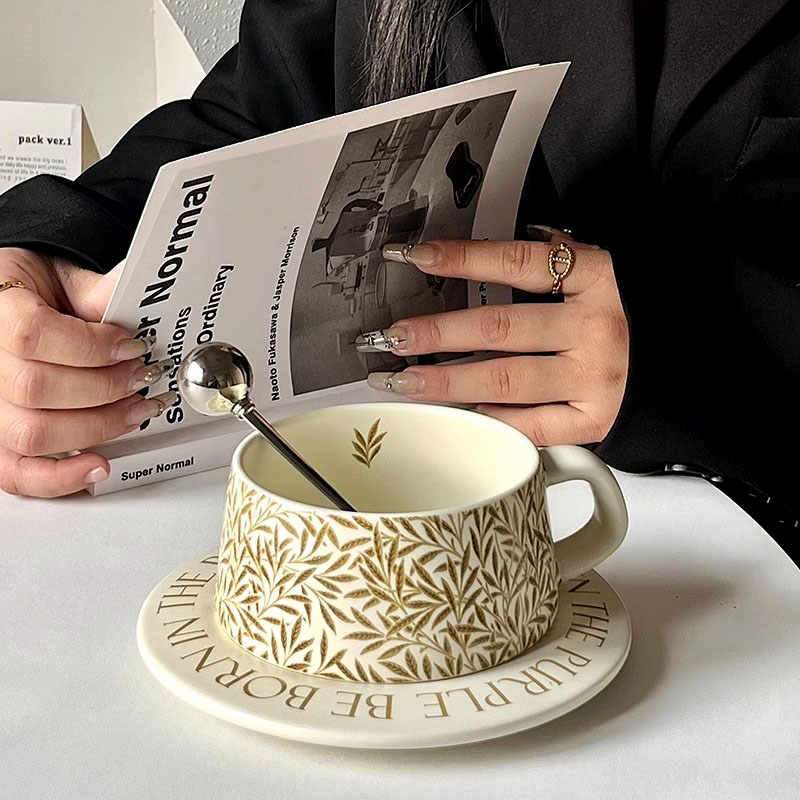 黄金麦穗咖啡杯碟套装高颜值石榴小众精致陶瓷杯碟节日礼物伴手礼