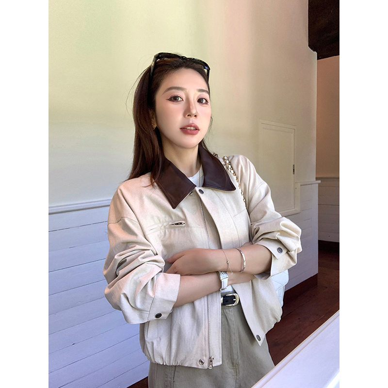 CHERI.Z复古皮领夹克 炒色牛仔肌理 云朵下摆抽褶C25C09135H