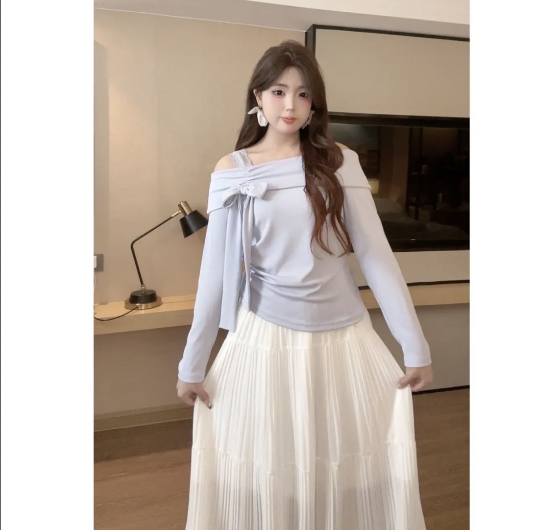 裙子套装上衣长袖白色针织短款春秋显瘦气质高腰打底法式小众