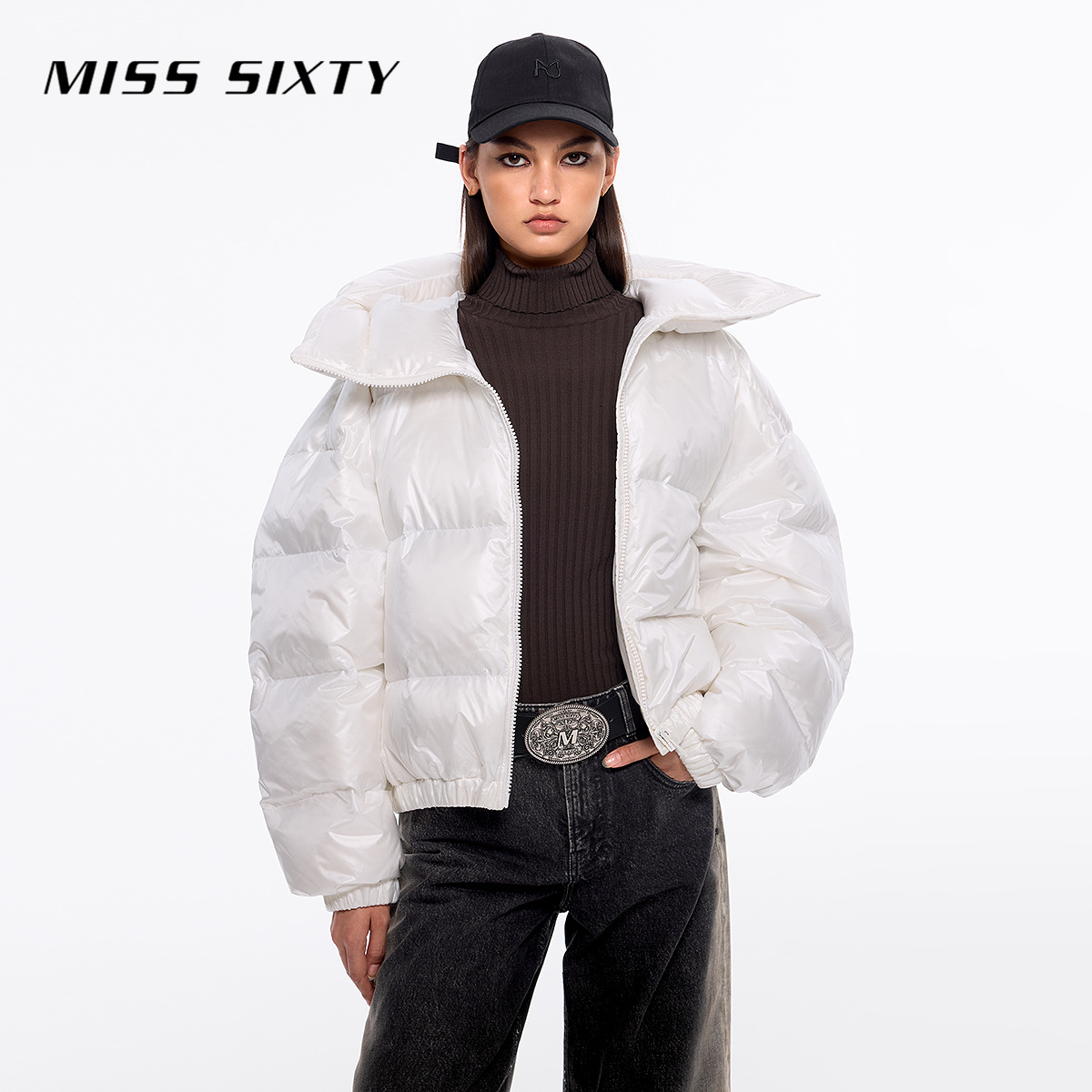 Miss Sixty立领羽绒服女连帽短款纯色鹅绒面包服