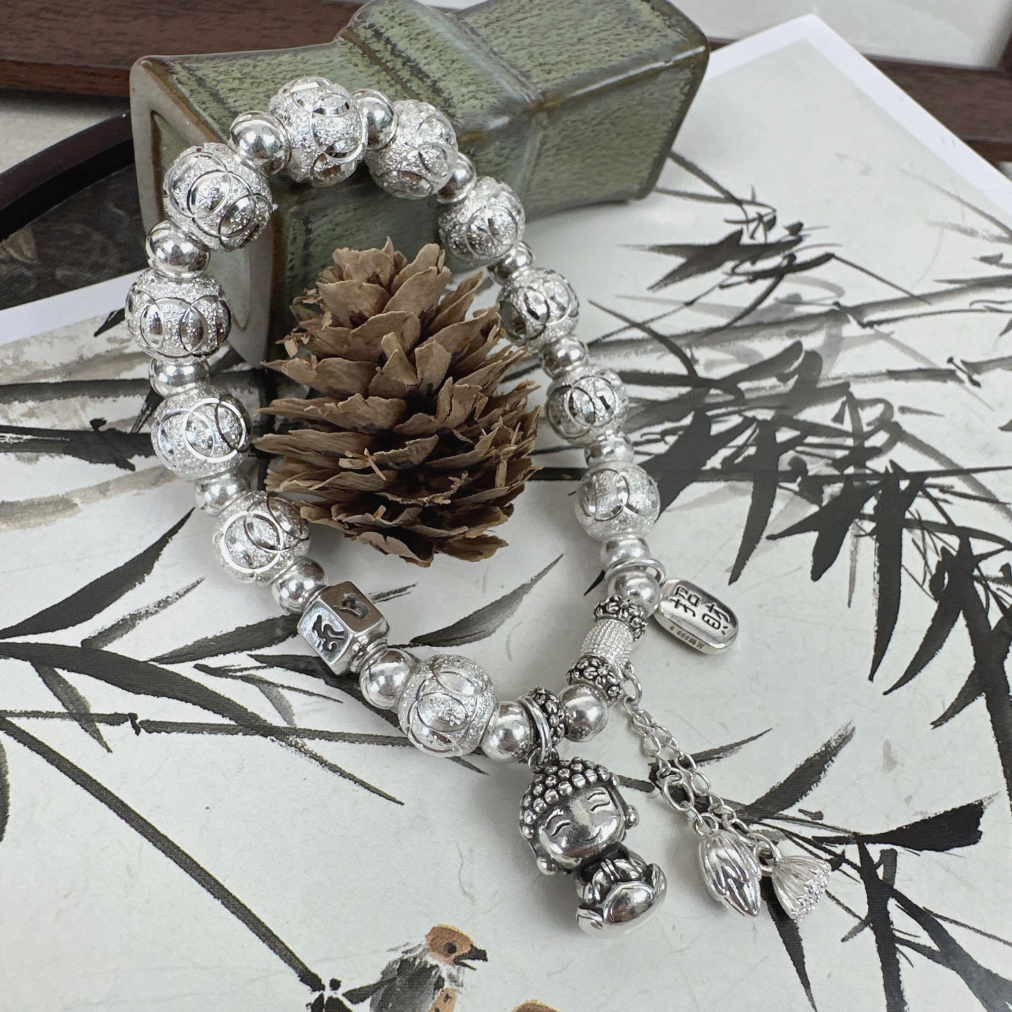 足银手链 六字真言转运珠莲花佛弹力绳百搭手链