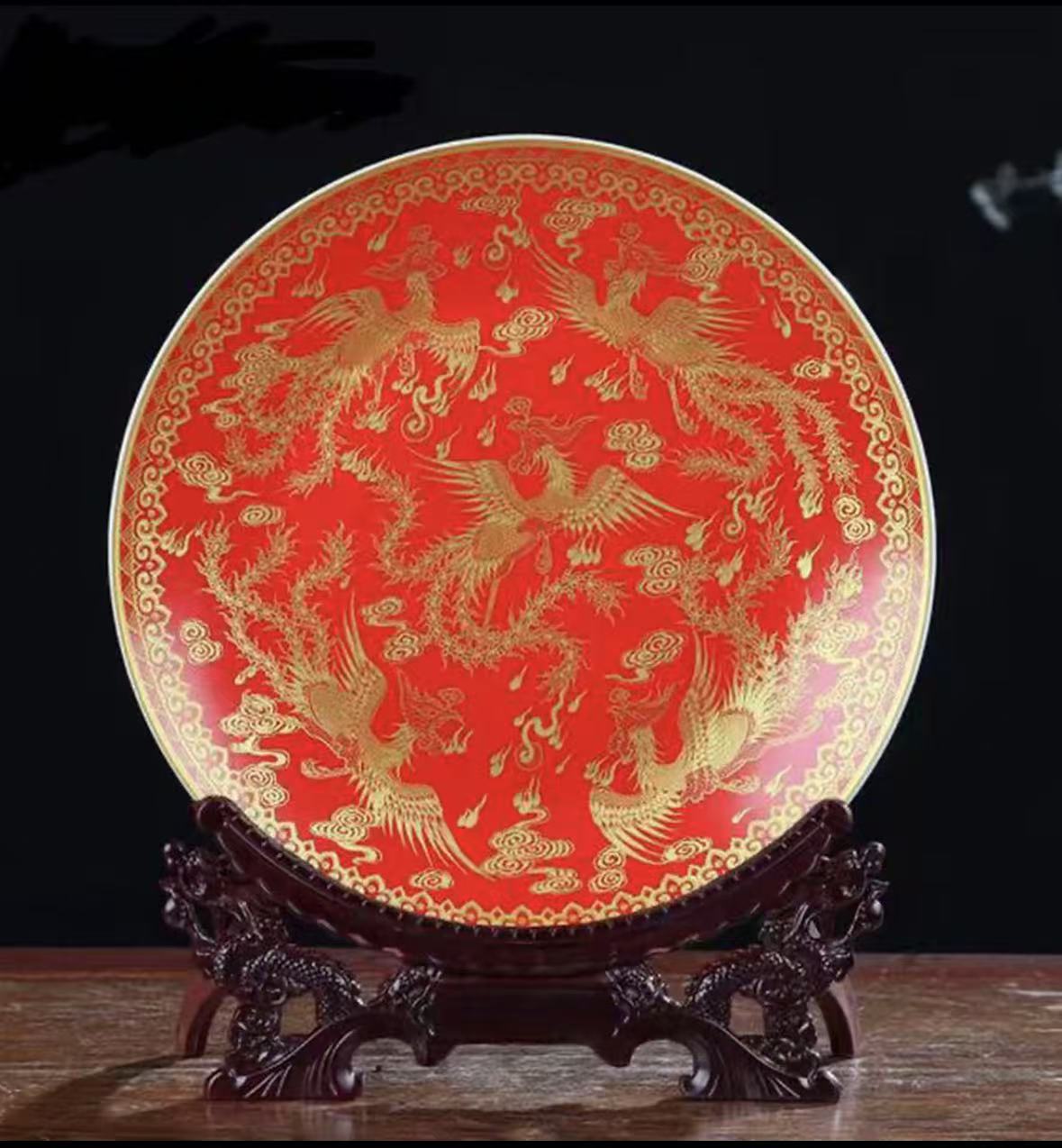 【厂长瓷业】景德镇陶瓷红底金凤赏盘摆件+支架