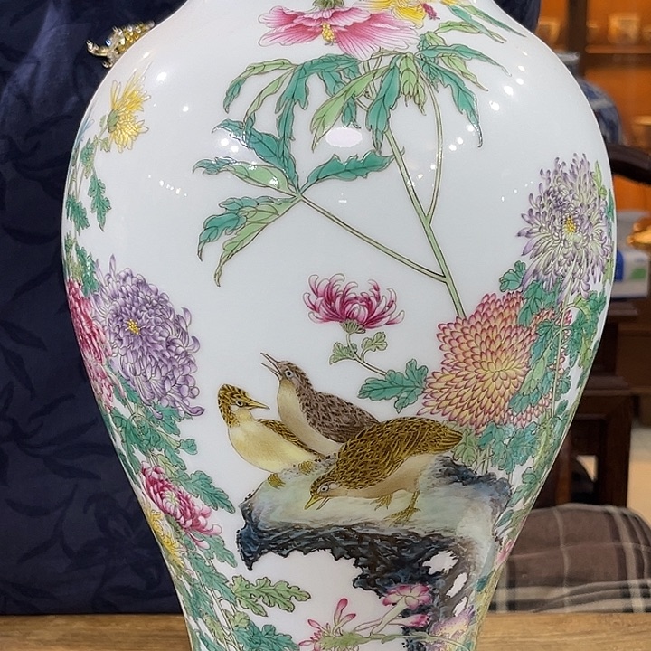 爱***狐杯子瓷粉彩花鸟观音瓶