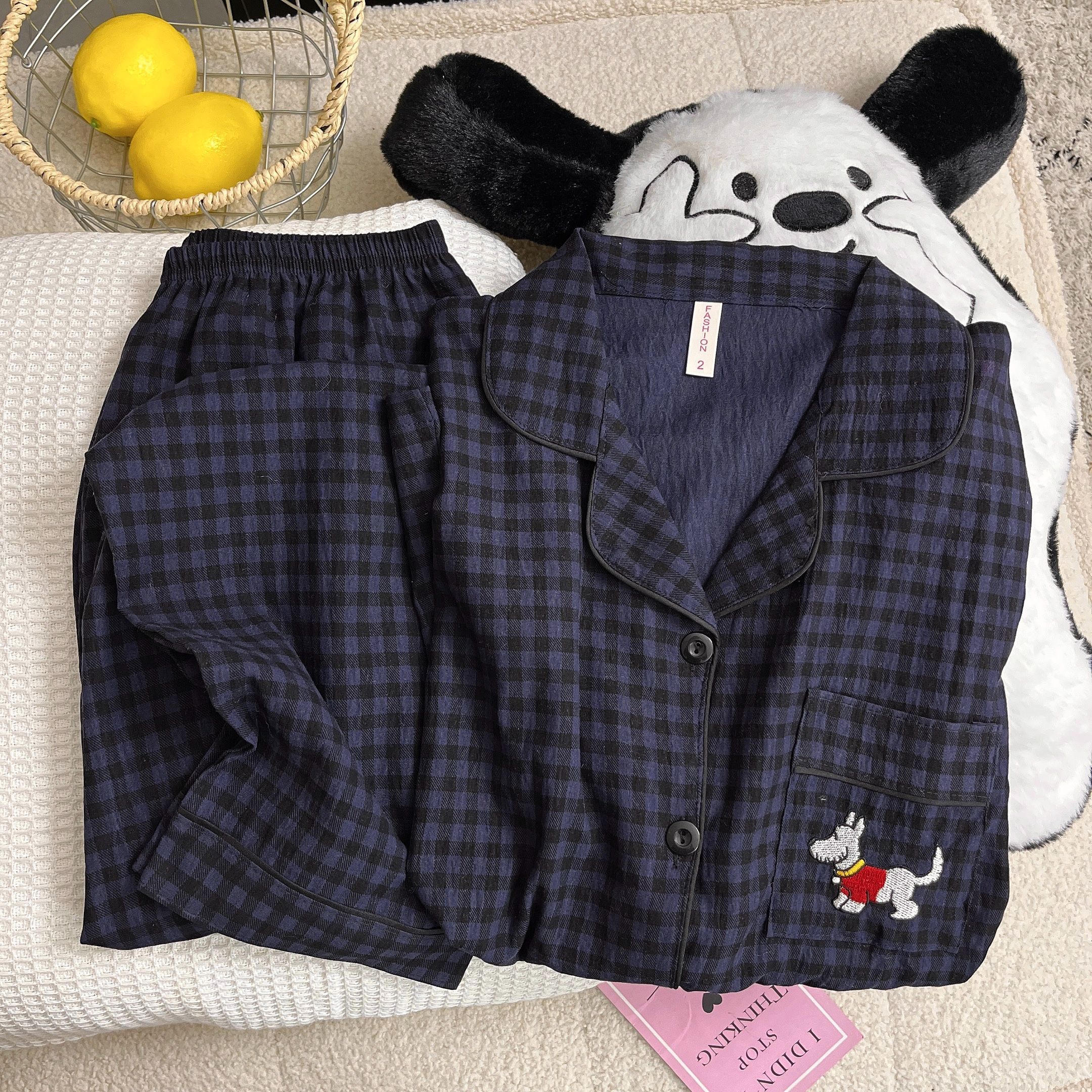 蓝格腊肠小狗云朵棉绸春秋季长袖可爱韩版睡衣卡通少女套装家居服