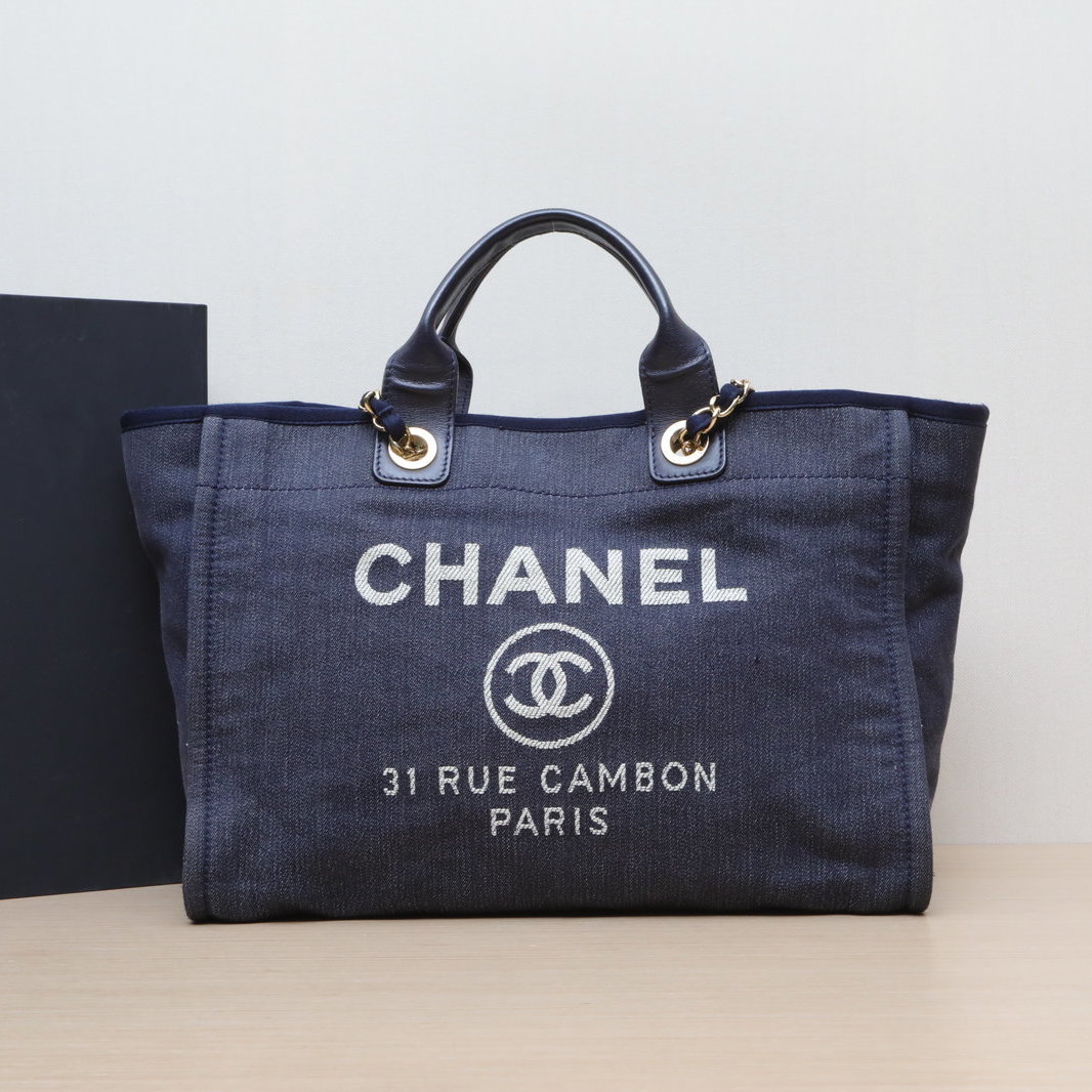 95新 Chanel/香奈儿 【双双活动】沙滩包 大号39cm蓝色帆布17开 