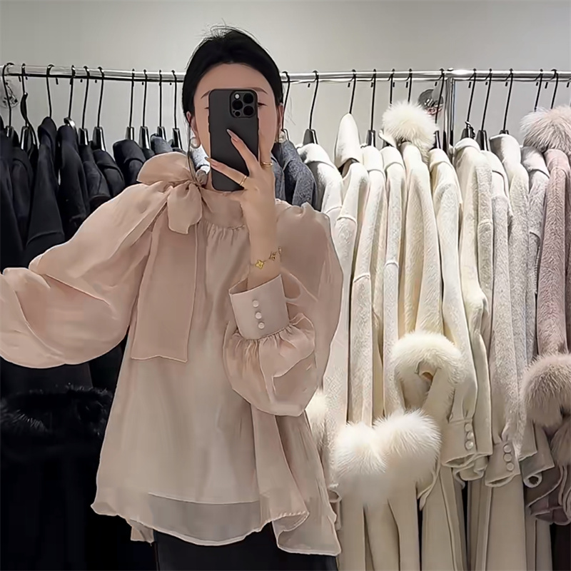 轻熟风粉色高级感蝴蝶结绑带雪纺衫2025早春新款气质轻奢上衣