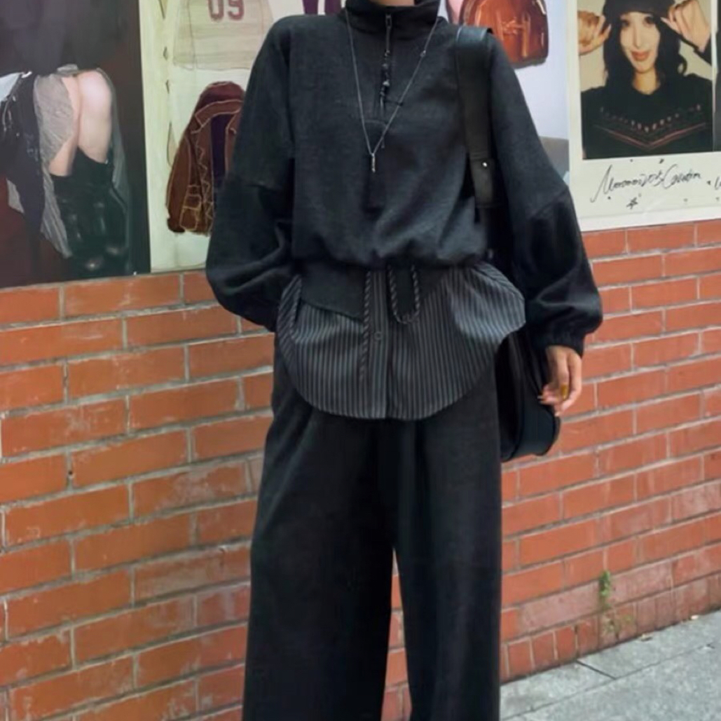 南油设计款加绒保暖立领卫衣阔腿裤简约气质休闲两件套