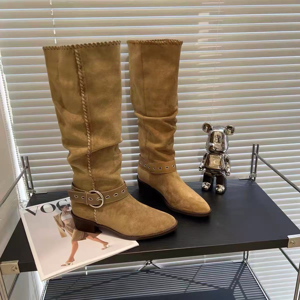 厚底靴女新款复古显瘦马丁套筒时装长靴61-1（加绒）