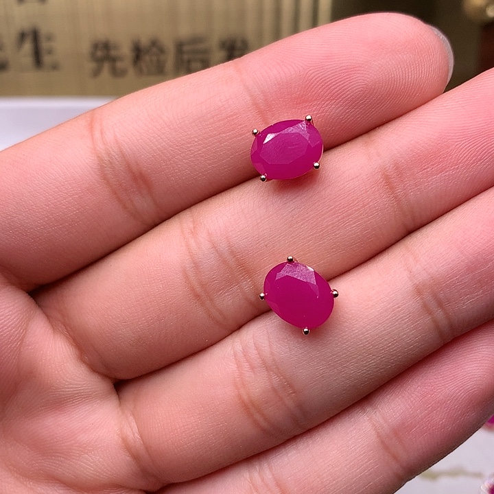 红宝石耳饰银S925镶嵌